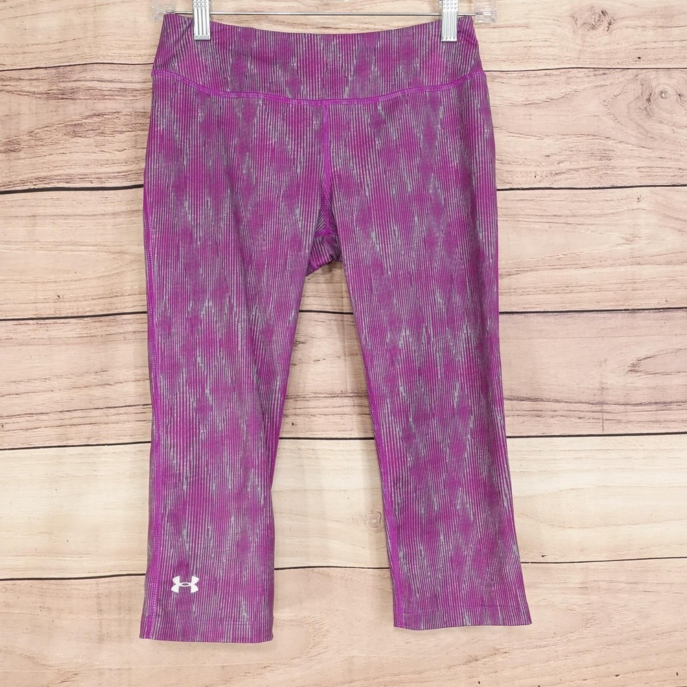 Under Armour Leggings Womens S Purple Striped Capri Fitted HeatGear Running